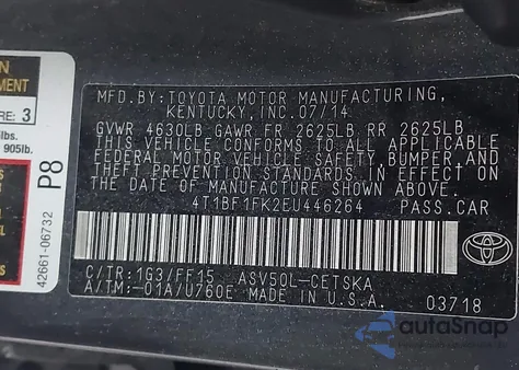 2014 Toyota Camry Se Sport from USA, damaged, VIN 4T1BF1FK2EU446264